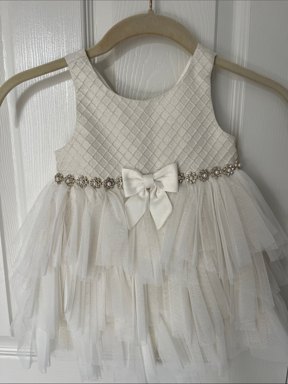 Ivory Tulle Flower Girl Dress with Bow and Rhinestone/Pearl Waist